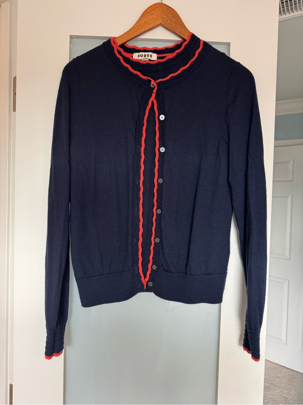 Boden Navy Cardigan with Orange Trim - Women's Merino Wool Cardigan Set